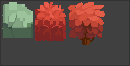 Exemple d'atlas de texture constitué de 3 sprites: un rocher, un buisson rouge et une plante rouge.