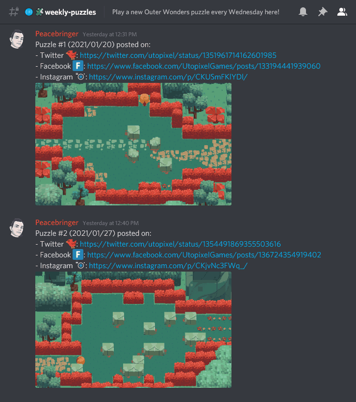 Screenshot of the Utopixel Discord server listing 2 messages posted by Peacebringer, showing weekly puzzles posted on social media.