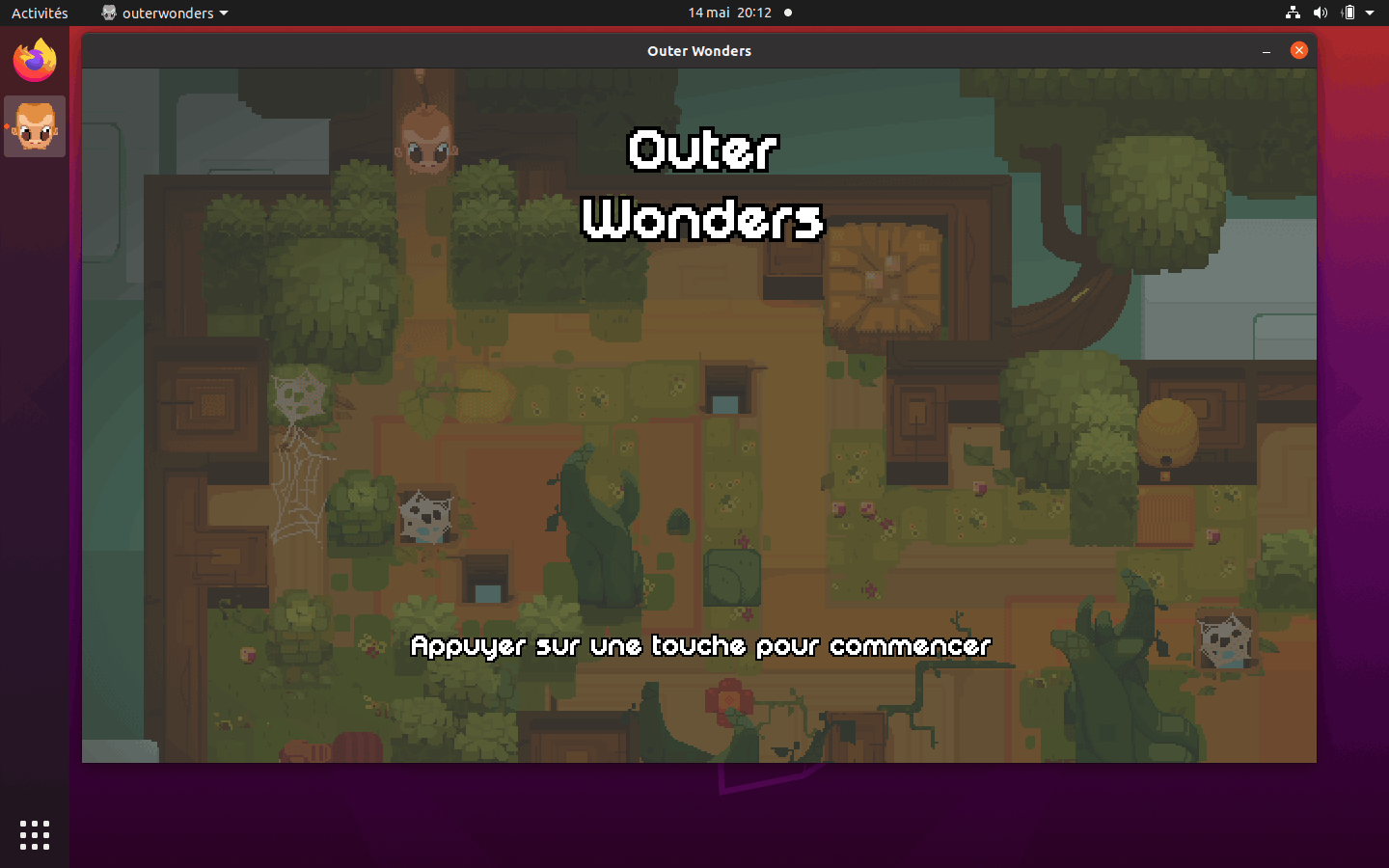 Capture d'écran du bureau d'Ubuntu, avec une fenêtre affichant l'écran-titre d'Outer Wonders.