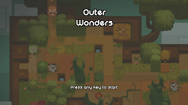 Screenshot of the title screen of Outer Wonders, featuring a "Press any key to start" at the bottom.
