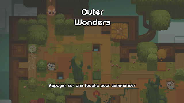 Capture d'écran de l'écran titre d'Outer Wonders, avec une indication "Appuyer sur une touche pour commencer" en bas .