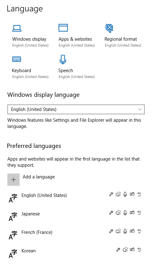 Windows settings interface displaying the user's preferred languages. The user has set US english as their main language, and 3 secondary languages listed in the following order: japanese, France's french, as well as korean.