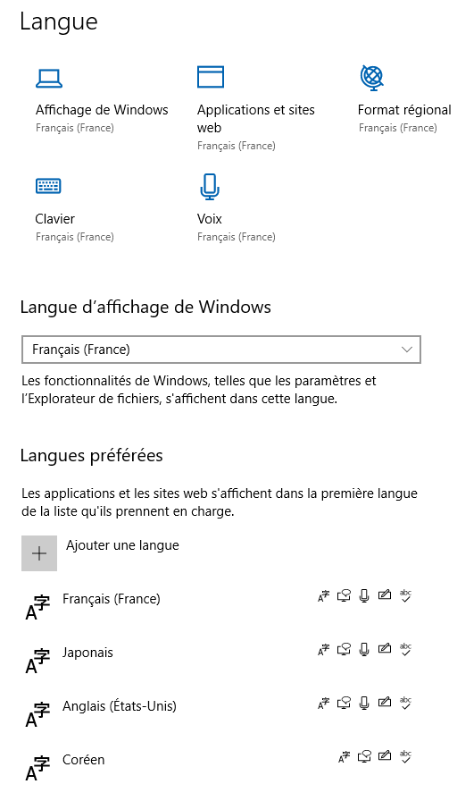 Paramètres de Windows affichant les langues de l'utilisateur. L'utilisateur a pour langue principale le français de France, et 3 langues secondaires définies dans l'ordre suivant : japonais, anglais (États-Unis), et coréen.